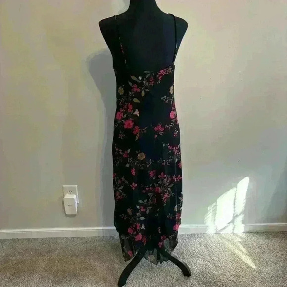 CDC Y2K Spaghetti Strap Black Red Floral Slip Dress Mesh V Neck Size 8 - Picture 7 of 9